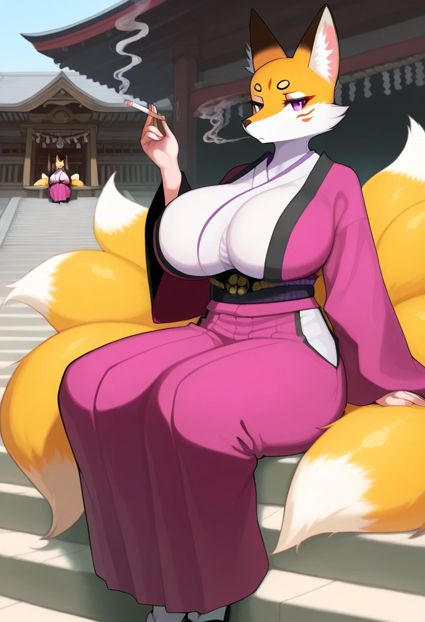 score_9, score_8_up, score_7_up, score_6_up, score_5_up, score_4_up, source_furry, rating_safe,
female anthro furry fox with huge breasts sitting on the side of bridge smiling looking at viewer with bedroom eyes and wearing a kimono, coloured 2d art by etheross, japanese theme