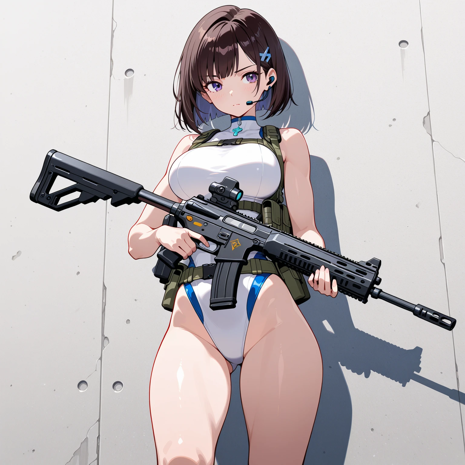 Imperial Guard Combat Uniform Swimsuit, o-ring bikini, v gundam, swimsuit, absurdres, highres, solo, cowboy shot, solo, 1girl, neneka nibrou \(cosplay\), wristband, headphone, holster, backpack, holding gun, aiming, perfect hands, wind, (highres,best_quality,masterpiece), large breast, huge breast, jun tao, (green eyes:1.5), green hair, hair between eyes, folded ponytail,