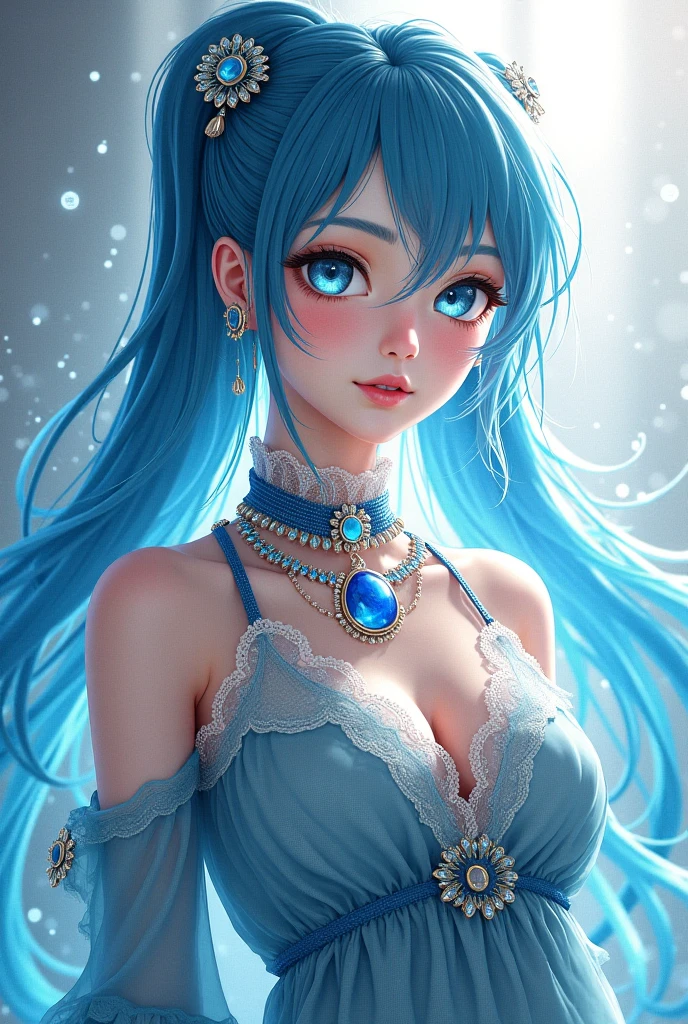 Image from above, sitting on the floor, ((1 woman, Alone, sexy, cyan blue hair, very long hair with neon light effect, intense bluish makeup, blue lips, rainbow colored eyes, Fine and detailed face.)) ((She is dressed in translucent and pearly ethereal clothing with blue feathers of exotic birds., Wear a pearl necklace, There are pearl and blue feather details throughout the dress)). sitting and posing with mystical essence, looking to the camera, innocent expression. ((al alba, light particles, sun rays illuminate it)) ((Around: mystical fluorescent tree of blue colors, pink and purple, The leaves fall softly, wind, Morning dew, magic light)) ((realist, photo-realist:1.3), Masterpiece, extremely detailed pale body, raytraced, 8k quality, whole body, sitting under the tree))