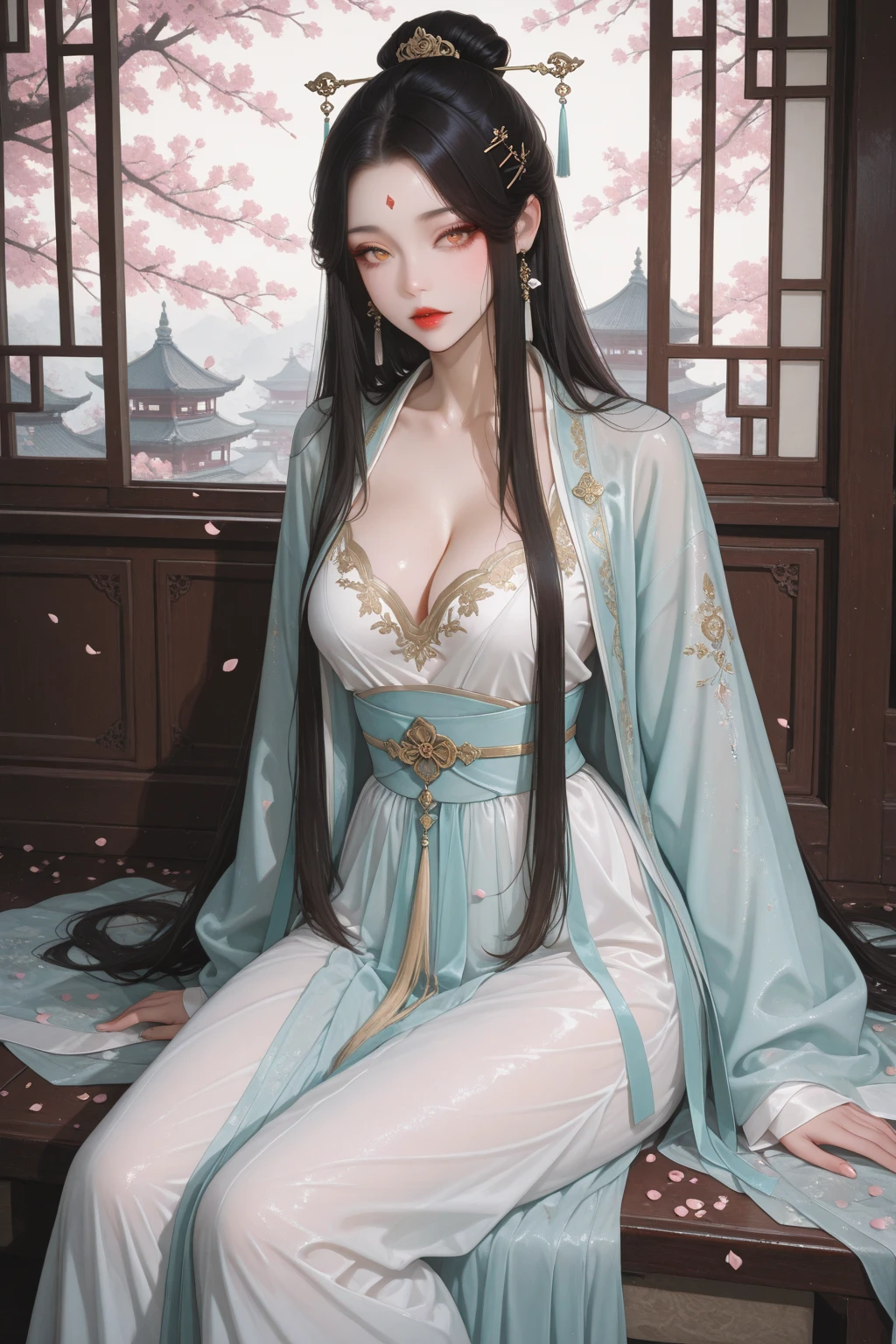 Best image quality、8K、masterpiece:1.3))、Realistic high-quality photos、Highest quality、 Beautiful face、Photos of slim models、Beautiful girl model、Young and pretty face、Beautiful model girl、A lovely and delicate face、Black Hair、Beautiful brown eyes、Young Body、Hanfu, (emphasize)、from the front、Camera gaze,、Anatomically correct、胸の谷間をemphasize、whole body、13-year-old female model、Exposed thighs