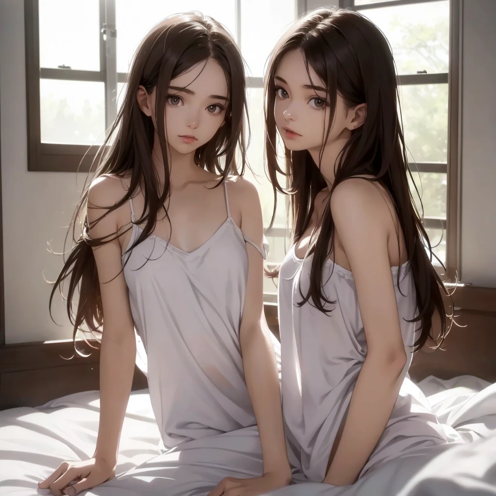 (best qualtiy,A high resolution),A beautiful loli at 12 years old,Dark brown hair,Single horsetail,Wear a pendant,Wear JK,Superskirt,The viewing angle is from the bottom up(The background is on the bed)Beautifully rendered details in face and skin textures,Detailed eyes
