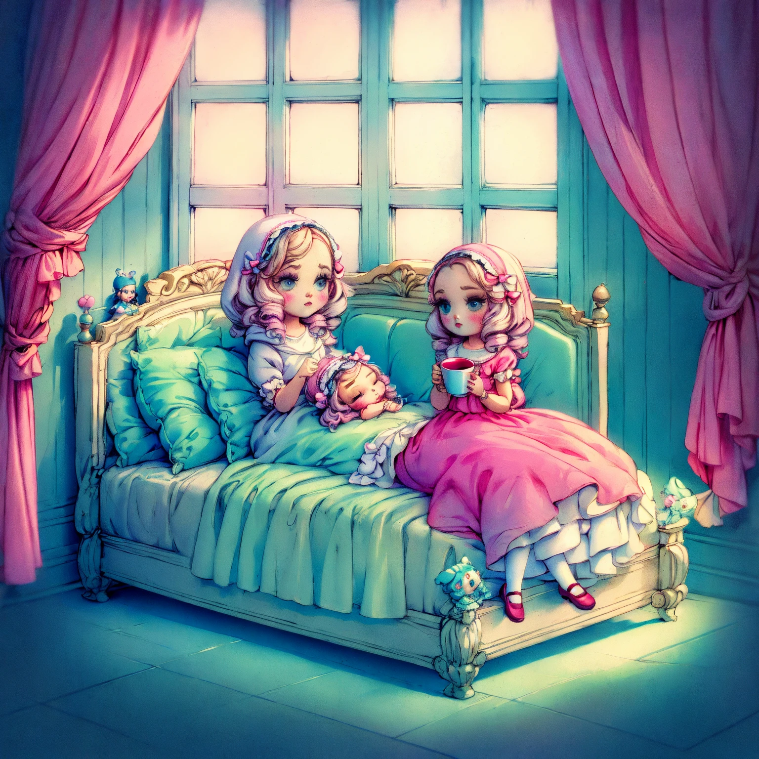 Children's book characters, A happy seven year old wavy-haired girl, (Blue Hair), Wearing a pink and lavender dress，A rope hangs around his neck，There is a key on it, She sat on the floor，A book on my lap