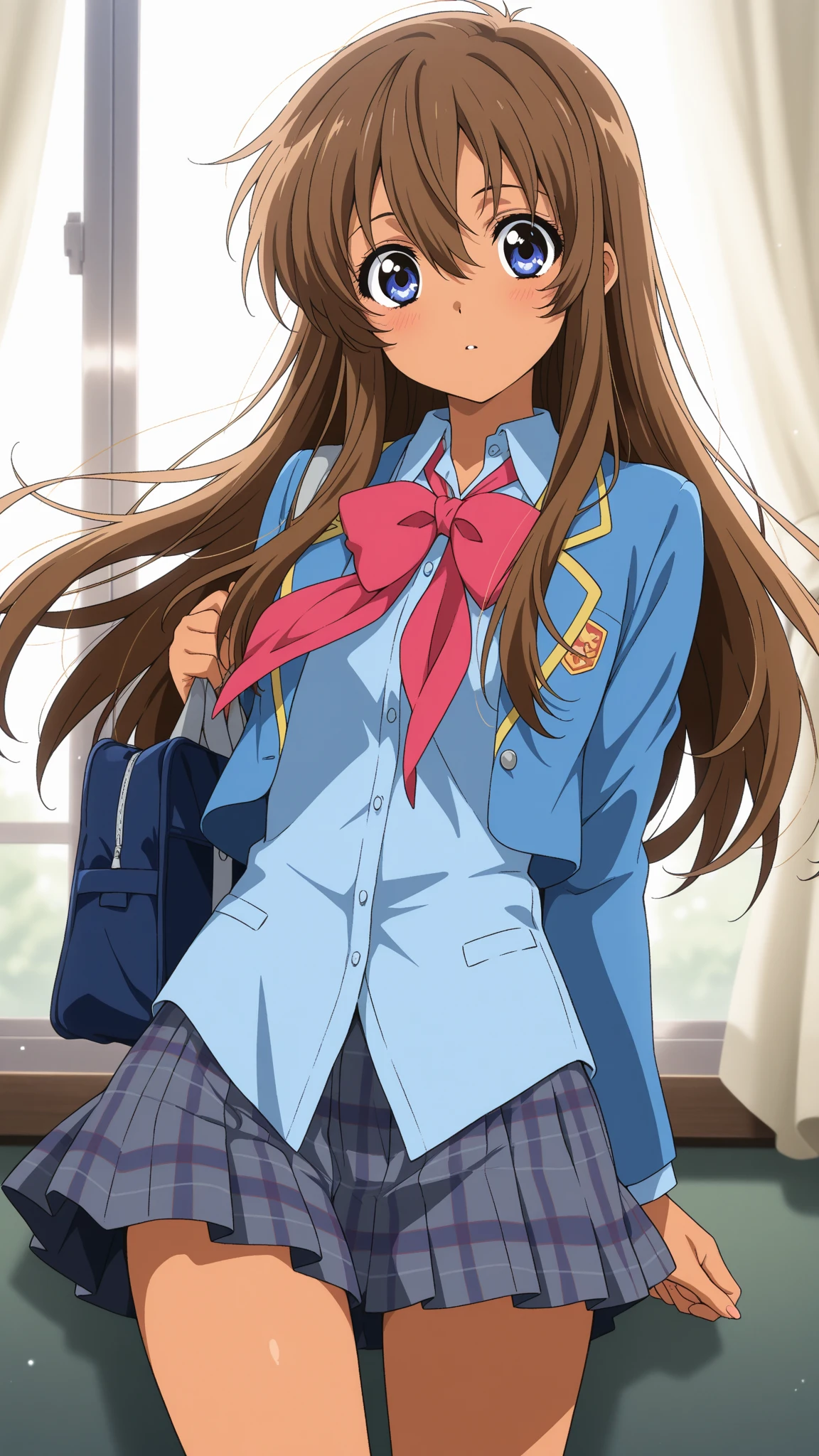 NSFW,(masterpiece, best_quality, high_resolution, high_detailed:1.4),(vivid colors,Crystal clear image quality:1.4), (One girl, alone:1.2), cute, smile, Detailed Background, (View your viewers, alone focus:1.2), Light on the face, null, blue null, Cowboy Shot,Low - Angle,The viewer looks up from below, sunlight, Lens flare, Depth of written boundary, scenery, Open your mouth, osaka shizuku, Long Hair, Red hair ribbon, blue eyes, Black Hair, Straight hair, nijigasaki academy ,White panties,The wind is blowing,The wind flips up my skirt,I can see your underwear,Skirts fluttering in the wind,The wind blows up my skirt,(Place your arms behind your body:1.4),