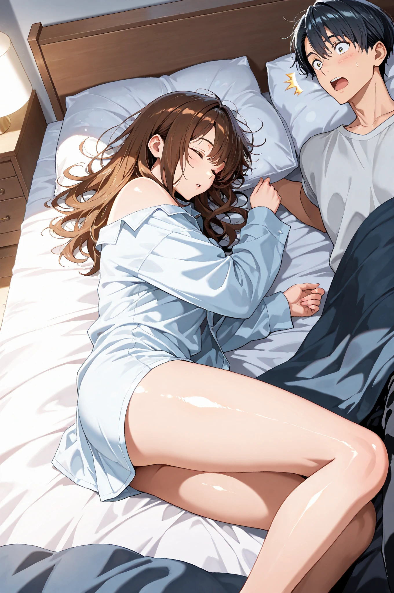 masterpiece, best quality, highres, 8K, ,medium breasts,1 girl,1 boy,Sex,orgasm,sperm,im Bett,sporty_leotard,An_stomach,
