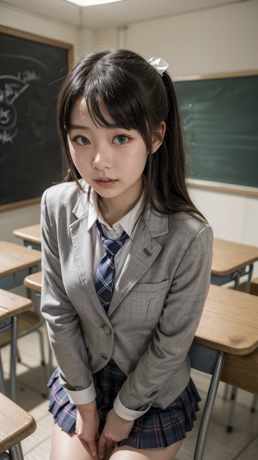 (masterpiece, highest quality:1.4), award-winning portraits, 8K, 85mm, alone, beautiful face, delicate girl, , (dark navy blazer jacket), dark navy skirt, long sleeve, violaces, gardenia, grace, Sophisticated, cute, teen, looking at the viewer, 15 years old, Raw photo, disorganized, HDR, sharp focus, A bow tie, background bokeh、(((flat 、thin and delicate body、A childish atmosphere)))、Her shiny semi-long hair is tied up、hair swaying in the wind、Mole on the left cheek、large, round, dark blue eyes、full body、random pose、Junior idol、Nogizaka Idol、widening skirt、jump、mole under eye、sexy、inside the classroom、no panties