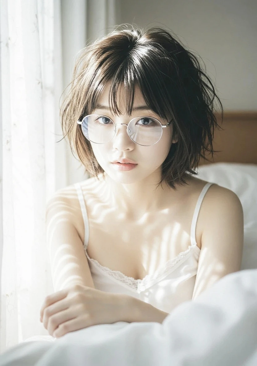 (top-quality), Realistic, (real picture, Intricate details), (Natural Skin Texture, Detailed skin, Hyper-Realism, sharpnes), ((tattered white tank top, dirty white panties)), (((Small chest:1.5))), (teenage Japanese girl sitting in abandoned hotel, hands between legs), Fair skin, sweaty skin, ((messy bob hair, one-length hairstyle)), (expressionless face, parted lips, blush:1.2, glasses, Head tilt), thighs, graffitied wall, dusty room, cracked wall, Messy floor, Pile of rubble:1.3, spot lighting:1.3, Full body shot