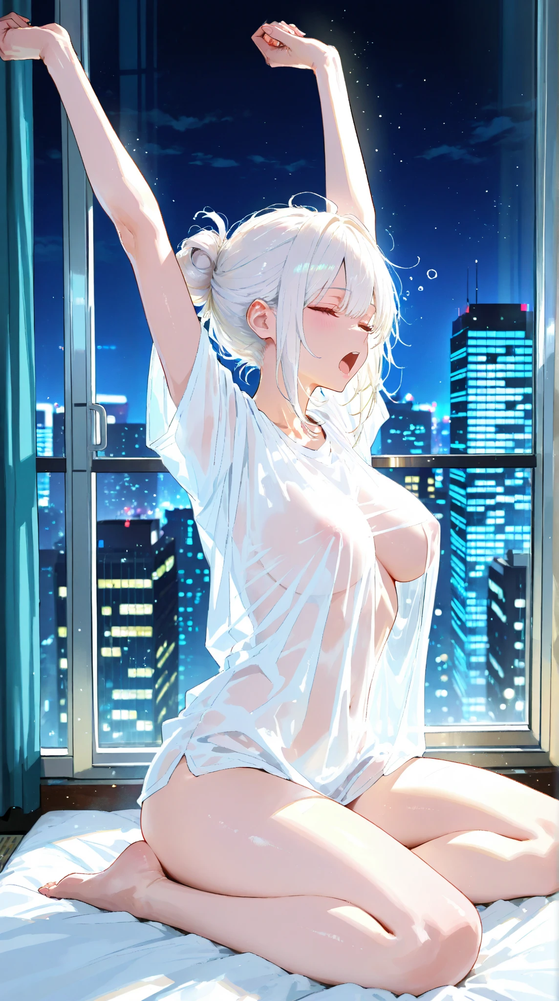 Absurd, Masterpiece, Best Quality, Realistic, Hyperdetailed, (Shiny Skin, Sweat: 1.6), Slim, Gaze Viewer, 1Girl, Solo, White Slip Low-cut Skirt, Big Tits, Nipple Bulge, Miniskirt, Long Hair, Blue Eyes, (Thick Thighs: 0.5), Dynamic Lighting, High Resolution, Clear Focus, Depth of Field, Looking Down, Seeing Panties, Raining Wet --auto --s2