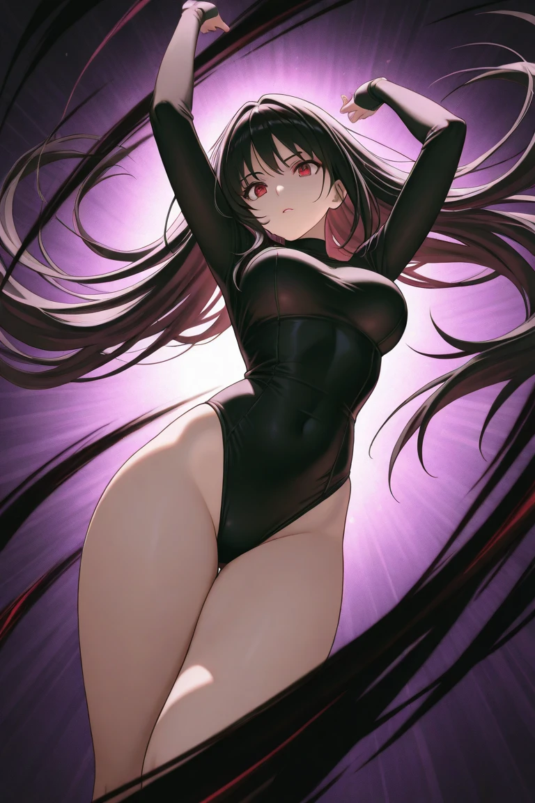masterpiece,best quality,girl,black yes,black hair,long hair,black latex bodysuit,top-down bottom-up,