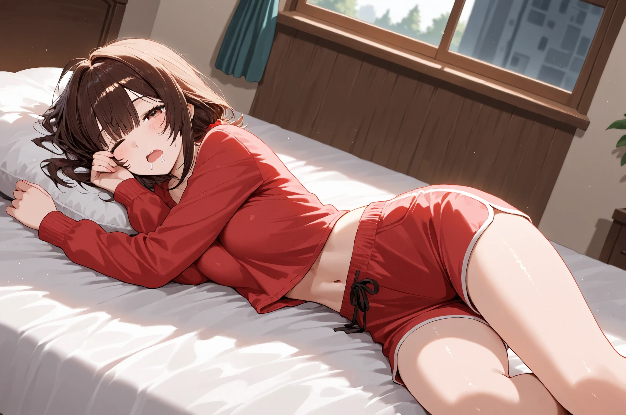 Taeko Kondo、Girls&Panzer、Brown Hair、Short Hair、((pantyhose))、Photo from below、Medium chest、Bedroom、(Sleeveless shirt)、Red ribbon、Black Panties、Checkered mini skirt