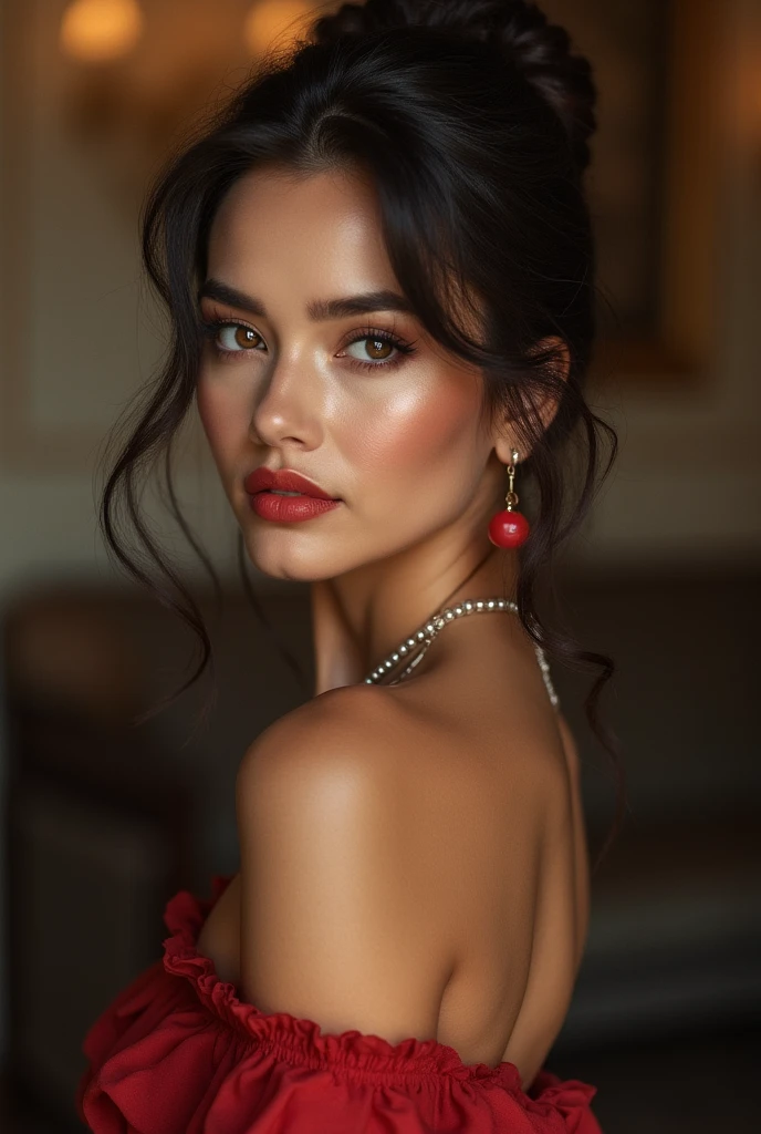 Christen Harper con una hermosa cara madura, tez oscura, hair tied back, cejas grandes y tatuadas, Mirando directamente al espectador, brunette, senos extra grandes Representado de manera realista, wearing a small red top that complements her hair color, mostrando sus hombros y cuello, voluptuosa, con un bronceado acentuado y joyas elegantes, lipstick staining her lips, nariz definida, sonriendo