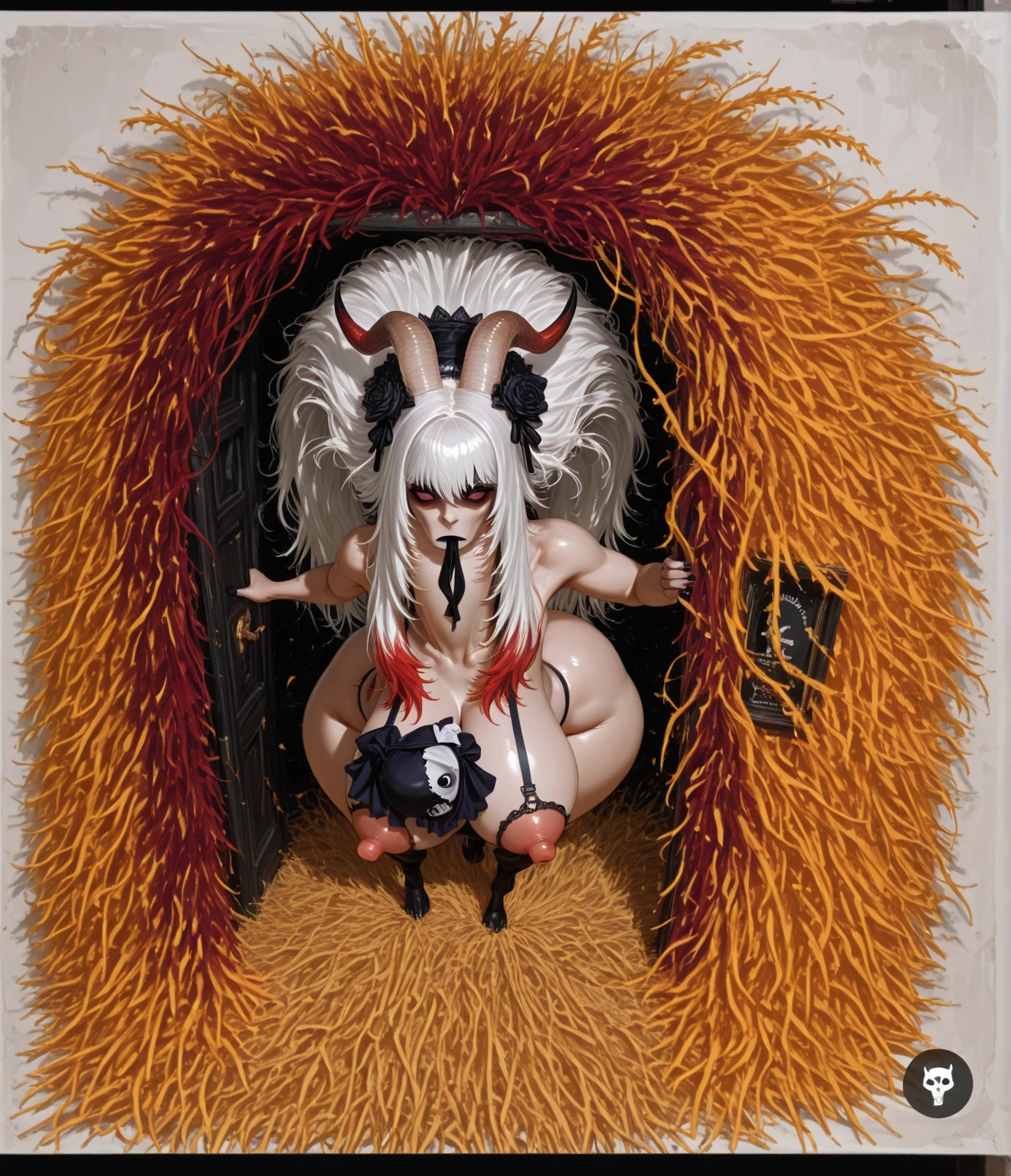 a caucasian woman, white-skinned woman, ram horns, sheep-like humanoid woman, monster girl, purple head hair, large breasts, large body, large buttocks, realistic, photorealistic, photo-realistic:1.37, highres, 8k, best quality, ultra-detailed, masterpiece:1.2, cinematic lighting, volumetric lighting, dramatic lighting, dramatic colors, dark fantasy, dark style, dark gothic, moody atmosphere, fantasy art