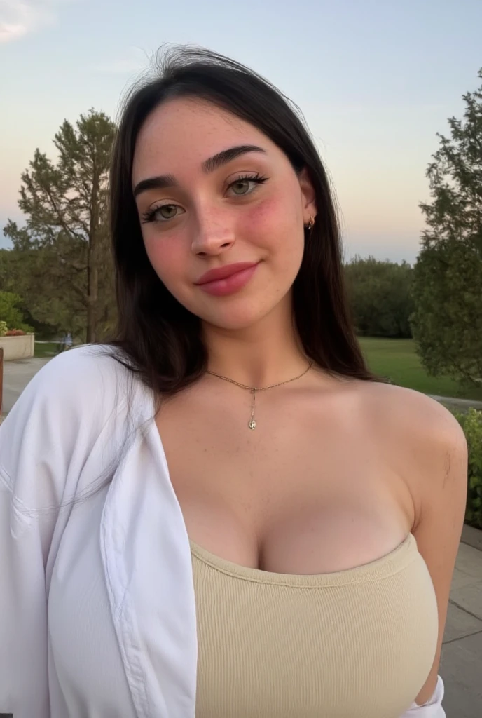 instagram photo, closeup face photo of 23 y.o Chloe in jogging cloths, cleavage, pale skin, (smile:0.4), hard shadows, nurse outfit, after shower with wet hair, at the park raining