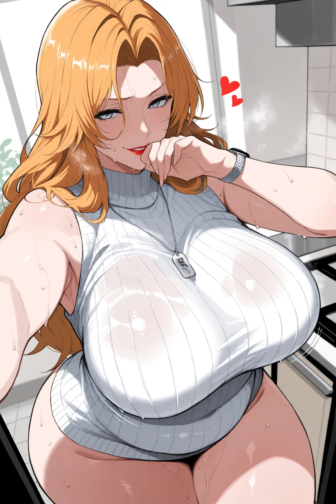 ????,1 girl, alone, long hair, (hair loss) Glasses, blonde hair, ((????????????: 1.3))), ???????????, (long hair), curly hair, (thighs: 1.2), deep blush, (thick thighs: 1.3), wide ????, choker, (Happy: 1.3), simple background, shiny skin, wet skin, internal, towards the viewer, ((cleavage)), ((despicable)), highest quality, smile, (white blouse), tight blouse, tight short skirt, ((Business service)), jewelry,  closed your mouth, amount, (Bra under clothes), lingerie, fascinating, sweaty, freckles on face, put your hand on your back, in the kitchen, ((seen from the other side)), fascinating posture, ???? pose, ((Detailed beautiful mature face)), ,(ハイthighsストッキング: 1.3),