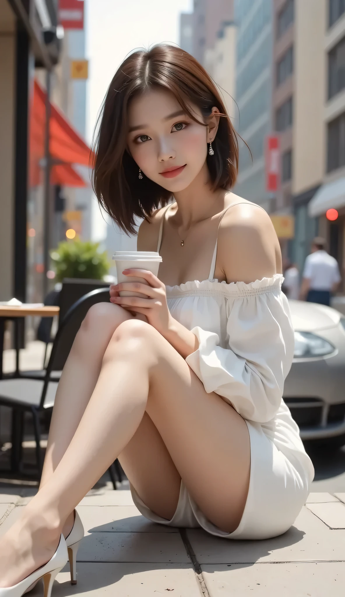 
(Best Quality,16k,A high resolution,Masterpiece:1.2),ultra detailed,(beautiful japanese girl:1.3),big breasts:1.4,Short midi hair cut with light brown highlights, (realist,photorealistic,photorealistic:1.37),Korean fashion beauty,Japanese and Korean beauties,beautiful and innocent,detailed eyes and face,beautiful detailed lips,long eyelashes,natural eyebrows,Slimming,Fashion, big toothy smile, (beautiful,charming:1.1), vivid colors, fading lights,Clothing and accessories with casual style,in a park reading a book under the shade of a tree, with a cup of coffee next to you, ((normal and detailed fingers))