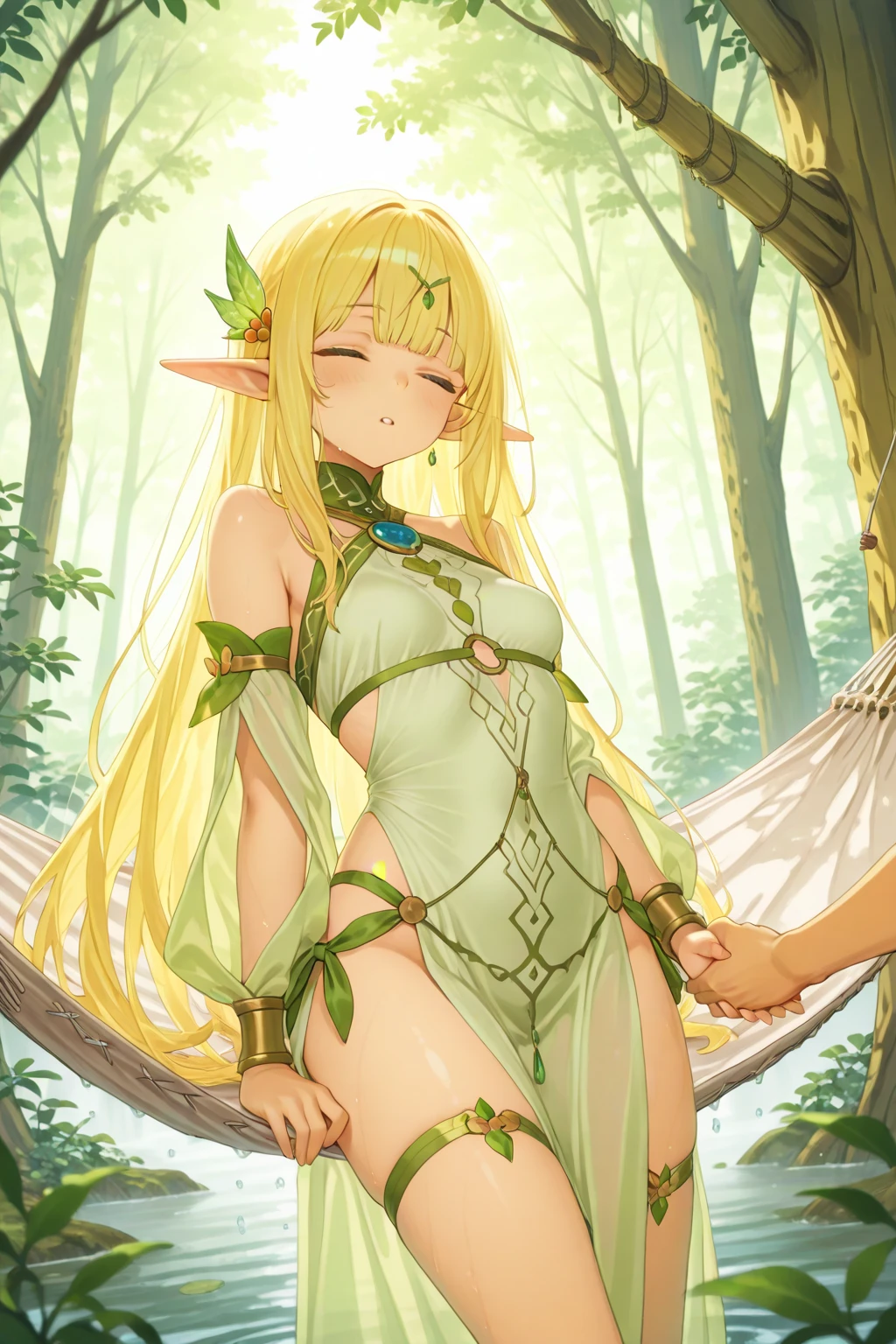 (Masterpiece), Best Quality, ultra-detailed, 1girl (teles, lovely small breasts, naked body, jewelry, earrings, blonde hair, long hair, green ribbon, green eyes, empty eye), blank face, parted lips, solo, nude, naked cape, dark lighting, in the cave, standing, 1boy (the wizard). her body and mind were conquered by the wizard. ,She stands quietly next to the wizard,
