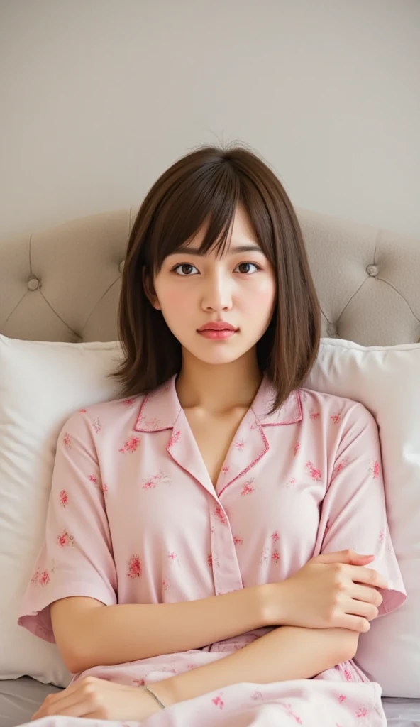 ((highest quality, masterpiece :1.3)), Photorealistic、Ultra-high resolution、Natural skin texture、Hyperrealism、Reflection from the waist up、Beautiful Japanese girl in her early teens、One girl、Chain bondage、Pink nurse uniform、Lying in bed、Frightened expression、Tears flowing