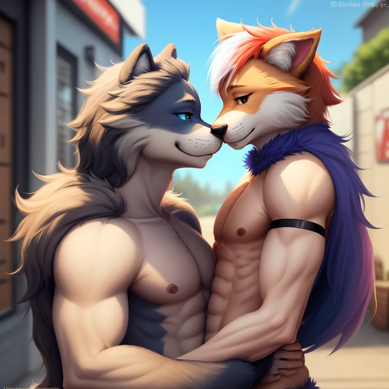 wide shot, duo_focus, an anthro wolf and an anthro wolf hold in other in city sitting on the floor in only their underwear, (soft shading), 4k, hi res, five fingers, detailed hands, ((detailed face, (detailed eyes:1.0), detailed)), (full body),(by Kenket), by Ross Tran, by Michael & Inessa Garmash, by Pino Daeni, by Kiguri, by Alena Aenami, by Ruan Jia, (wolf, taller, grey fur, middle-aged, chest tuft, jock strap, wolf tail), (wolf, shorter, slim body, yellow messy hair, black glasses, nerdy, nude) macro growth size difference , macro,micro ,giant size ,macro penis cum hard everywhere,red blush on the cheek, moaning face ,2boy , playing fun , 1 wolf receiving masturbation by other wolf, open mouth, saliva, tongue sticking out, sweat 