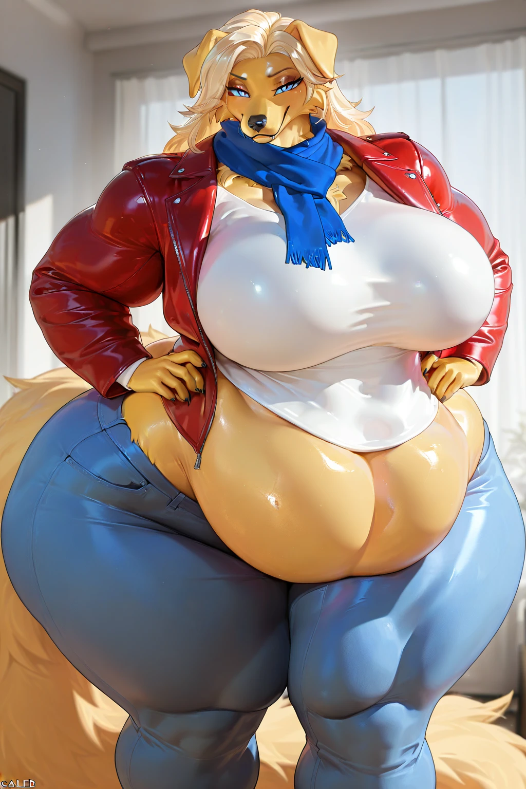 big breasts, ((1wolf girl)), ((blonde braided hair )) ((wolf girl)) Light blue eyes, has an extremely sexy body, with full breasts and a thin waist, and an extremely sexy body, daring denim overalls and stylish delicate fabric, it has a bold look. young, quality, realistic, best quality, cute expression, pink lipstick lips, perfect lips, slanted, greased, workshop, sexy pose, motorcycles(((full body))) , (((sexy pose, model pose, standing pose)))