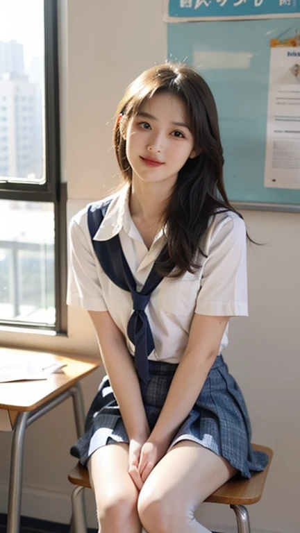 ((school uniform)),ribbon at neck,(school uniform and ((Plaid navy skirt)) and white shirt:1.1), Skin color, big , smile, (8k, RAW Photos, Highest quality, masterpiece:1.2), masterpiece, super detailed, super high quality, (Realistic and Realistic photography:1. 37), High-resolution RAW color photos, Very delicate and beautiful, highly detailed, 8k壁紙, wonderful, detailed, Very eye, very detailed, very detailed skin, very thin fingers, very detailed nose, very detailed mouth, Perfect Anatomy, Upper Body, studio, Soft lighting, A full-body shot of a cute idol wearing a one-piece swimsuit, Playful pose, Hands on hips, smile, Pastel Background, Realistic, Attention to detail, studio photography