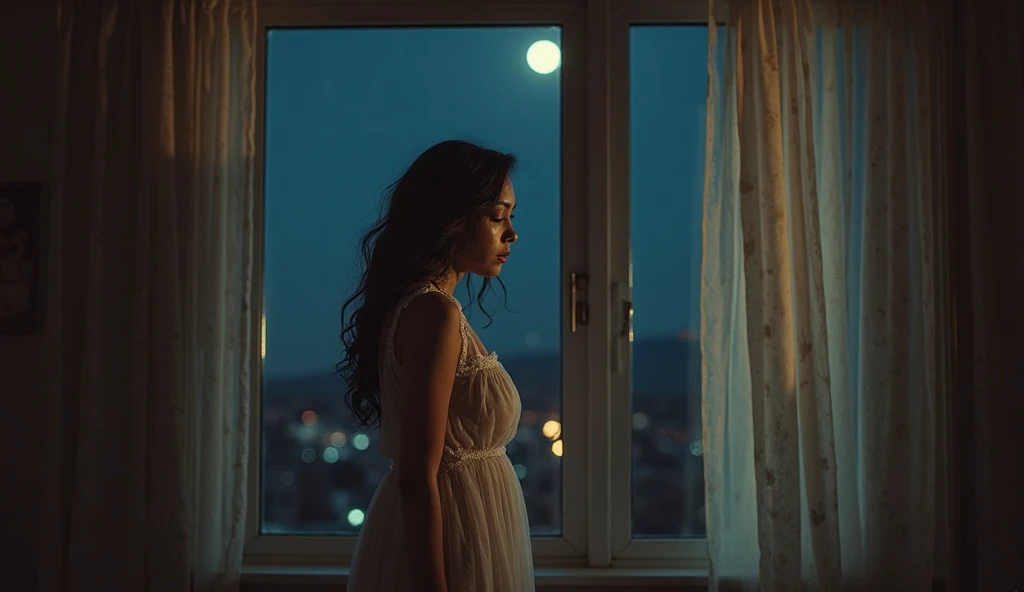 cinematic film still realistic, photorealistic, award winning photo , Long Shot, 30 year old Latin woman, long black hair looking out a window at the sky full of stars, a brighter star, full moon  cinematic shot + dynamic composition, incredibly detailed, sharpen, details + intricate detail + professional lighting, film lighting + 35mm + anamorphic + lightroom + cinematography + bokeh + lens flare + film grain + HDR10 + 8K + Roger Deakins, ((cinematic)) . shallow depth of field, vignette, highly detailed, high budget Hollywood movie, bokeh, cinemascope, moody, epic, gorgeous, film grain, grainy