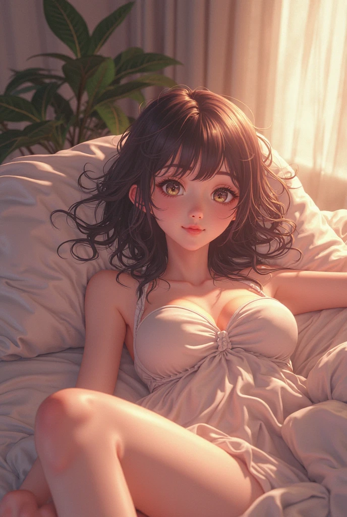 ((Mejor calidad)), ((obra maestra)), (detallado), cara perfecta, Latina, messy updo brown hair, senos grandes, curvas exuberante, pijama sexy, acostada en la cama de noche, mirada coqueta, sonrisa ladina