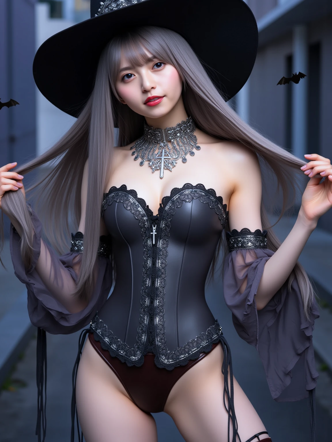 (A black-haired demonic woman) dirty with oil, with makeup covered in oil, piche, roupa de piche, piche escorrendo pelo corpo todo, (best quality,ultra-detalhado,Realistic:1.37),Demonic Witch, luvas pretas, gloves on the hands, (demoniaca:1.1)(Nebrina)(floresta)(Sombrio e misterioso,Atmosfera sinistra),cabelo preto vibrante(cabelo preto rodopiante)(flowing white hair),olhos pretos penetrantes,Manto escuro elaborado,brasas ardentes rodopiando(Magic Embers:1.1)(brasas brilhantes), sombras sinistras,supernatural presence(Presence),anoitecer ao fundo(Noite escura:1.1)(floresta mal iluminada),folhagem exuberante e densa(twisting treeystical Plants:1.1),(Rotating particleloating particles),(Ethereal:1.1)(brilho suave),Faint moonlight breaking through the trees,assombroso e cativante(atmosfera assustadora),beleza encantadora,ampla gama de cores(vivid colors)(cores contrastanteystical Kingdom,detalhes impressionantes,dynamic compositing,Trabalhos hipnotizantes,Estilo fotorrealista(estilo piCasso),Impressive shading and lighting,energia explosiva,magical ambiance(atmosfera de fantasia),dreamlike scene: witch hat, vestido longo cobrindo as pernas, Uma bruxa bonita e sexy, she wearing a black dress, e vai tirando aos poucos, Your eyes are bright blue like a vampire, She's in the dark, Lugar abandonado em um lugar abandonado, A mist spreads through the air the scene more mysterious and frightening. Ela tem lindos seios grandes e pesados e uma cintura fina, seus longos cabelos pretos voam como em uma ventania leves como o ar, Their skin very pale and soft. Malevolent Style