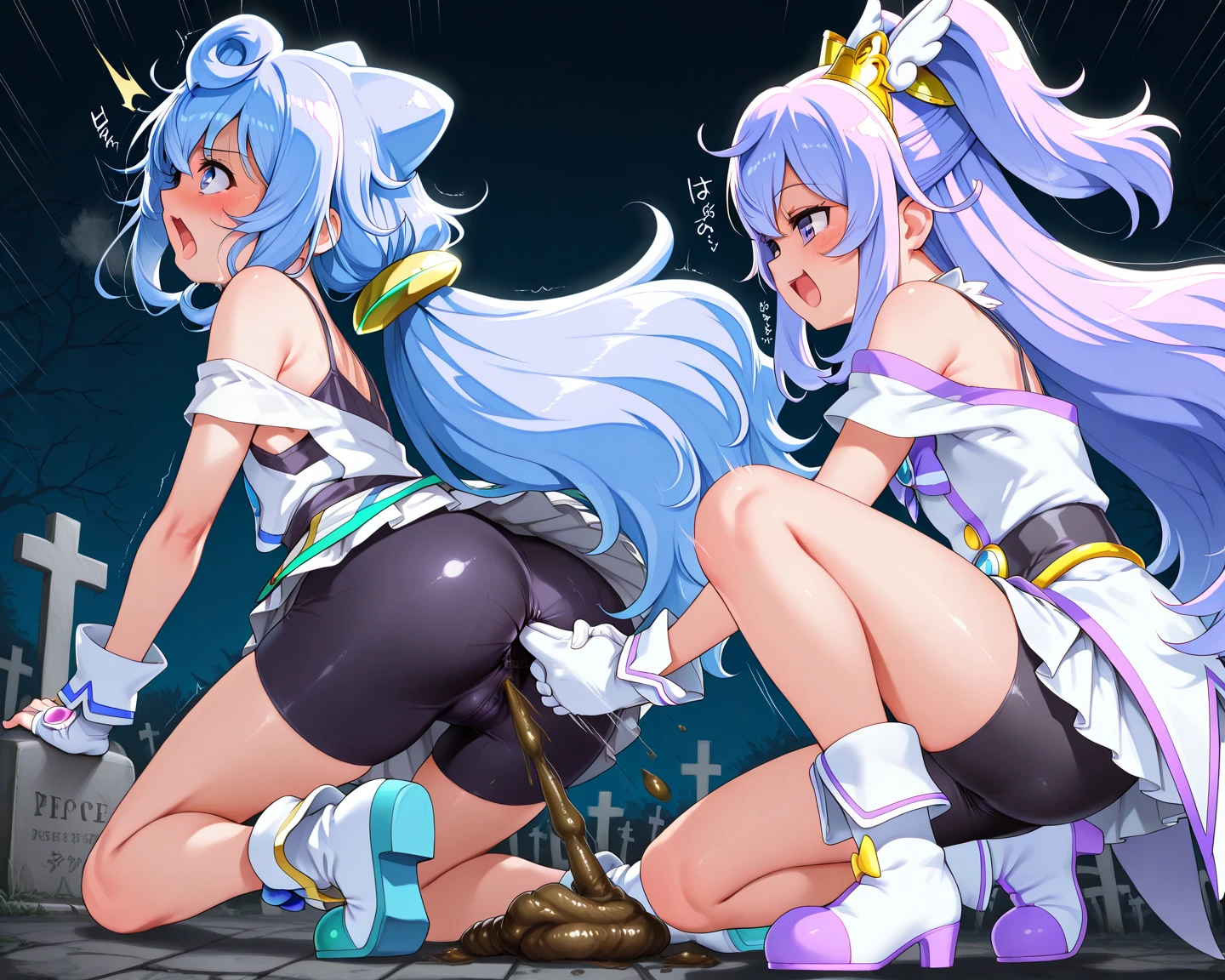 8K, (((pretty girl))), ((only 1 person)),(clear), (Lori), (blue hair), Thigh high socks,  ((Ahegao expression)), (thin thighs),  (orgasm), (flushing), (tear), alone, long hair, looking at viewer, laugh, dehisce, The background is a white space, (( Standing on one leg, wearing a very short, tight black latex miniskirt)), (( Show your pussy wide open )), ((Huge, Nipples exposed)), Oil-skin, ((perfect body)), whole body, ((( yellow peeing ))), Twin Tail Hair, (Magic Girl), ((매우 매우 매우 slim 허리)), ((Slander)), ((erect nipples)), slim, ((armpit exposure()), ((personality trait))