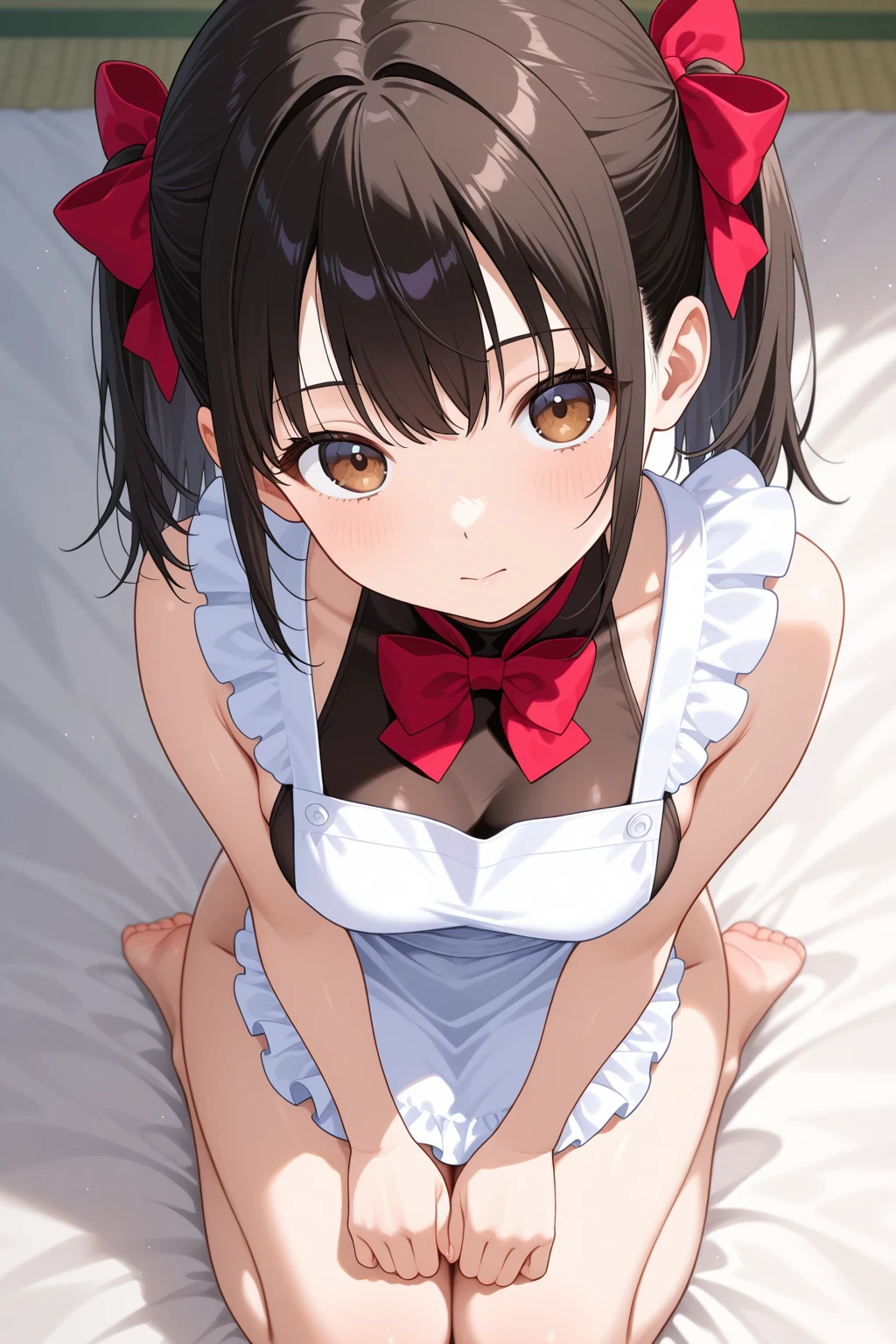 Hands behind back,Tied up with hands behind back,front view,1girl,Beautiful girl at 13 years old,Japanese,Slender,small breasts,Baby Face,Small face,Black Hair,Row Twin Tails,Gray Eyes,Drooping eyes,middle School girls,A see-through black and red negligee,Sexy Lingerie,open mouth,tongue out,front face,Kneeling,Put your chin forward,Beautiful and detailed anime art,A mischievous smile,front view,high angle, looking at viewer, looking ahead, from above,face focus,Sexy vibe,cum on tongue,Dimly lit room,On the bed,Love Hotel,Dim lighting,Simple room