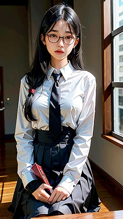 photorealistic, high resolution, 1 girl, gray hair, korean, heterochromic eyes, small moles under eyes, big, midsummer, sweat, wet, fitted white shirt, black skirt, schoolgirl uniform