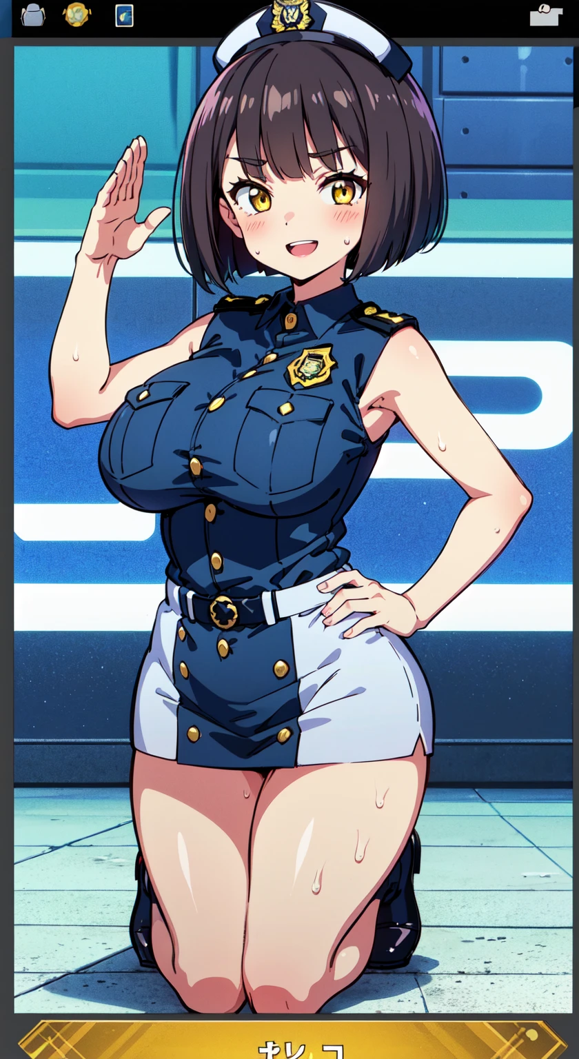 (Perfect body),Best Quality,(8K Portrait),(anime screen cap)、((Police Woman)),blush,Sweat,((large udder))、(Dark hair),((bob cuts))、Yellow eyes,(((thick thighs))),((((Navy blue leotard))))、from behind、((A smile))、Cowboy Shot、((saluting))、((((Left hand on hip))))、(Navy blue jacket)、showing teeth、one eye closed、(((Chibi)))