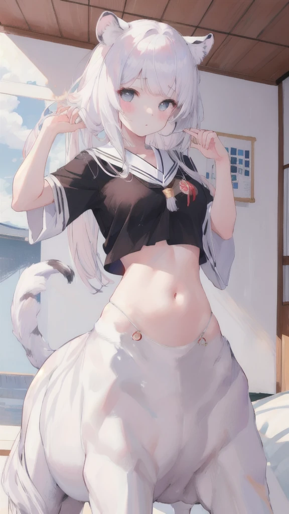 (best quality, masterpiece), 1 girl, centaur, It takes, White skin, Korean , exposing the abdomen,belly button t-shirt, 아름다운 소녀 perfect wolf photo, perfect wolf photo