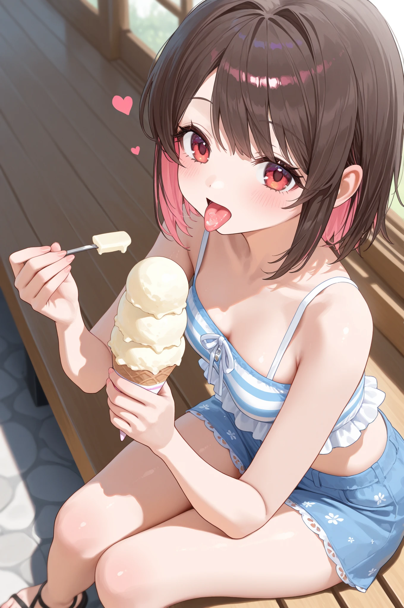 (((masterpiece, Highest quality, High resolution, 超High resolution, Perfect Pixel, Depth of written boundary, 4K, RTTX 10.0))), Beautiful Anime Women, Beautiful art style, Anime characters, ((Smooth texture, Realistic texture, Anime CG Style)), Exact finger count、Exact number of legs、(Exact number of arms:1.0, Exact number of hands:1.0), (Perfect hands, Perfect Anatomy.1.5), Cinematic, Realistic, Extremely detailed CG, Daytime lighting, Perfect lighting, Best Shadow, The best natural light, Perfectly balanced style, Perfect body, (Slender body:1), whole body, ((bangs, Dark brown hair, Bobcut)), ((A woman is sitting and licking a popsicle in her hand.:1.4)), ((Beautiful eyelashes)), ((Detailed face:1.2)), (Fashionable white shirt, Sailor collar, Knee-high socks:1.3), (セクシーでcute水色パンティ, Shiny satin side-tie panties, Light blue panties with a plain center and lace decoration on the sides, Ultra-detailed panty folds:1.3), (Open your mouth wide, drool dripping from the tongue:1.5), ((close your eyes:1)), ((cute, Sighing expression)), (Embarrassed expression:1.3), (blush:1.1), (Sexual pleasure facial expressions:1.4), (Facial expressions that put up with the toilet:1.2), Patience is the limit, On the brink of climax, (Beach, Resort:1.3), Angle from the front