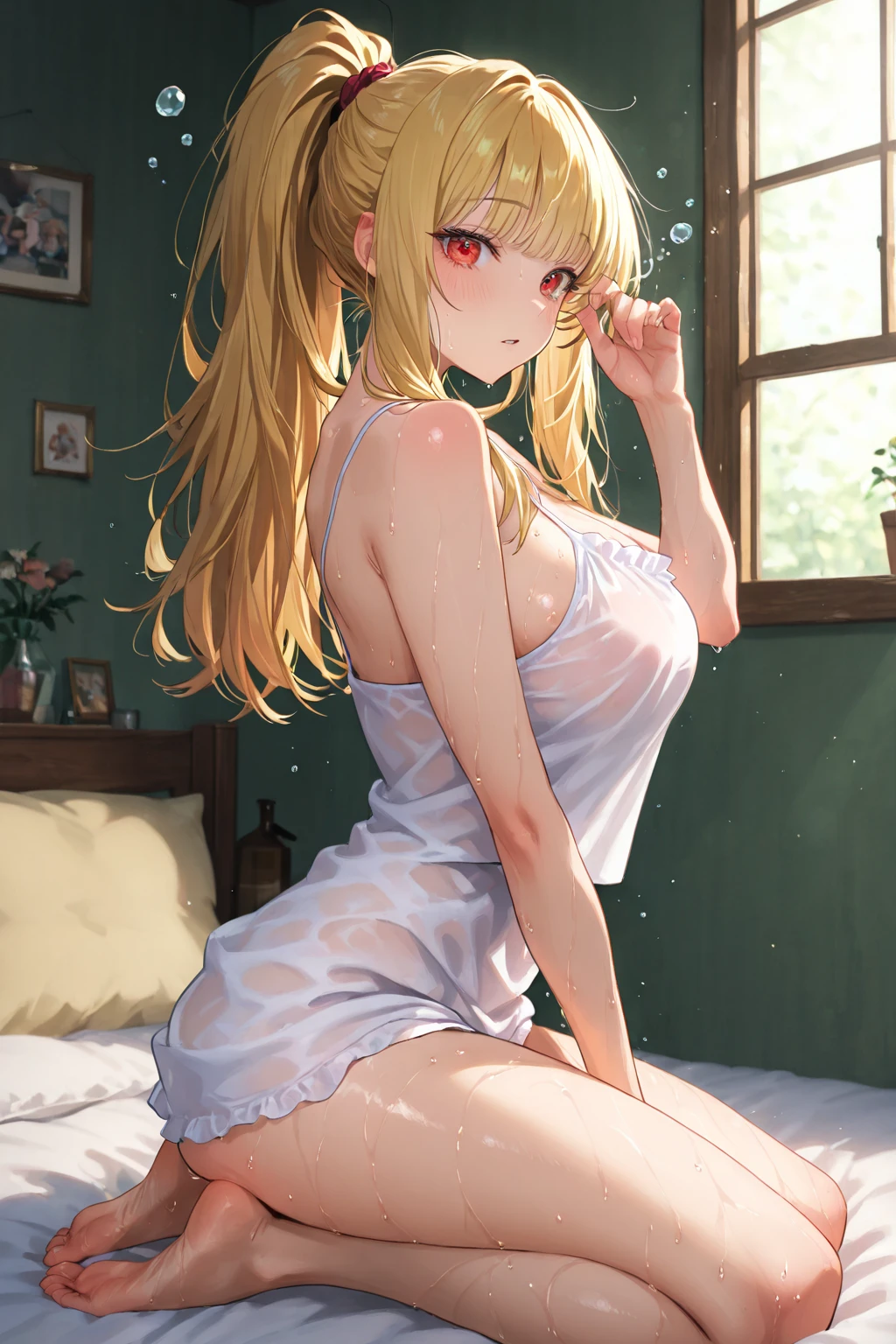 aqua camisole,hotpink striped panties,spread legs,panty shot,boobs,butt,tall of a person,thin,beautiful face,thick eyebrows,open mouth,embarrassed,seductive smile,naughty expression,flushed cheeks,medium hair,wave hair,gold hair,blue eyes,from front,indoor,on the bed,illustration style,anime style,masterpiece, extremely fine and beautiful,illustration
