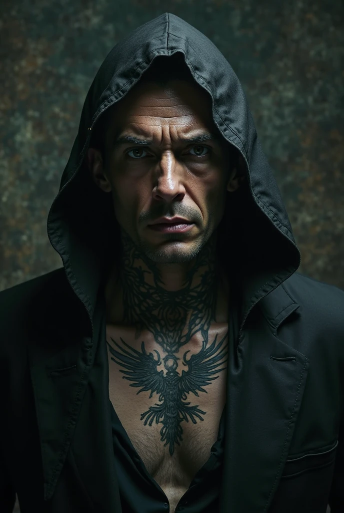 Light-skinned man with green eyes, short black hair and a tattoo on his abdomen (in triangular shape) with scars on the face (dark fantasy) and 40 years old