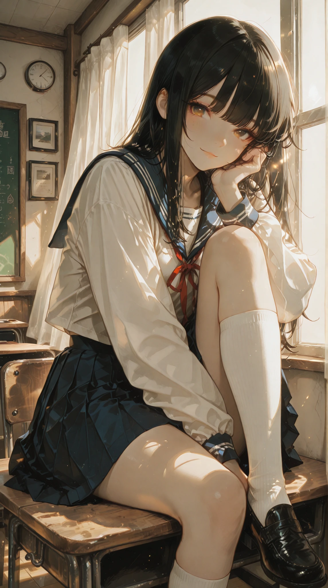 (masterpiece, highest quality), (high resolution, details),
anime, line-art, flat shading,

Solo: 1.2, female,
(School uniform: 1.5), Baggy socks,
(Unruly hair, voluminous hair),
(front thighs: 1.0),

side view ,squat sitting,
night,
