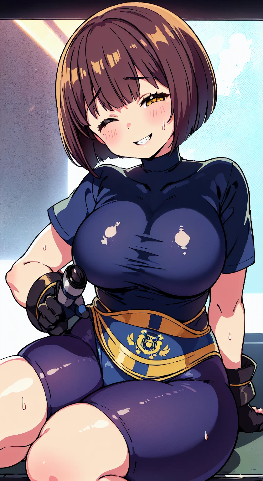 ((Tabletop, Highest quality, High resolution, Pixel Perfect, 4K, Browsing Caution)))、1 Girl, Beautiful woman、(((Muscular)))、((Bobcut、Blunt Bangs、Black Hair)), ((Yellow Eyes、Both eyes closed、Beautiful eyelashes, Realistic eyes)), ((Detailed face, blush:1.2)), ((Smooth texture:0.75, Realistic texture:0.65, Realistic:1.1, Anime CG Style))、Big nipples、((Huge breasts、Swollen nipples、Thick thighs)), Perfect body、Daytime Town、((((surprised、blush))))、((Sweat))、(Right hand salute、Left hand on waist)、(Blue Jacket、Navy Blue Leotard)、Police Hat