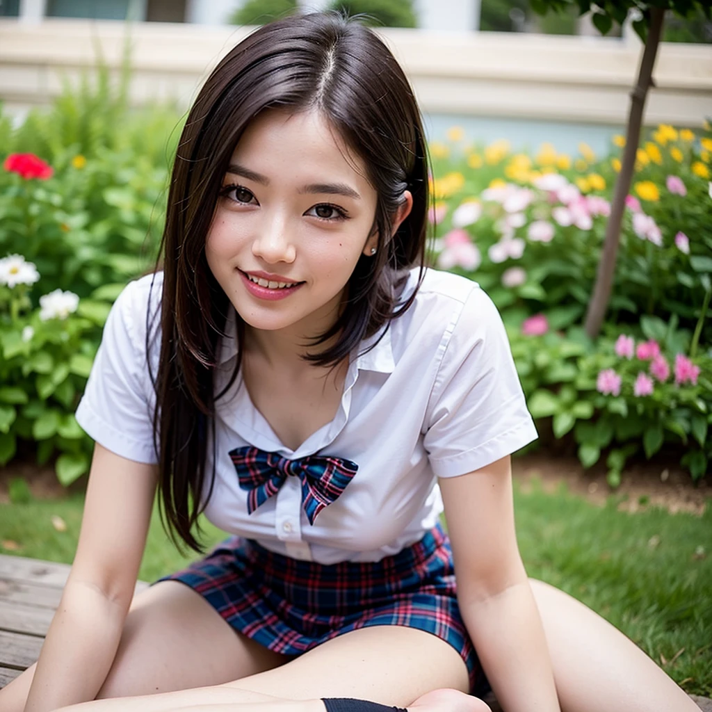 Pure Japanese school girl, outstanding body, beautiful legs, wearing uniform, panty, natural hairstyles, sweet smile, sitting, refreshing in early summer, composition from the front, 