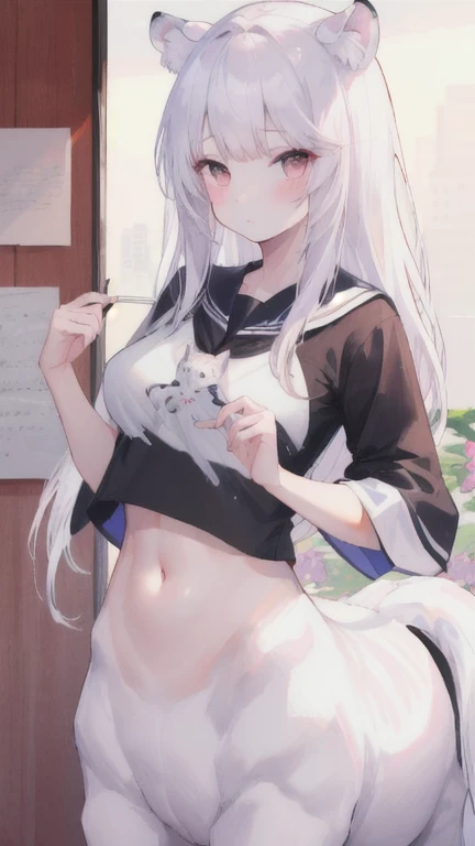 (best quality, masterpiece), 1 girl, centaur, I beg, White skin, Japanese schoolgirl,daughter,black pink, exposing the abdomen, belly button t-shirt , beautiful girl perfect, White tiger photo, 완벽한 White tiger photo