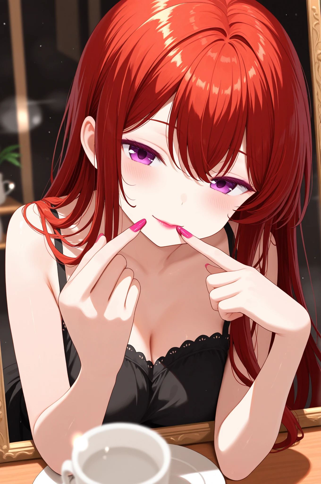 1 female、red hair、green eyes、dense lips、red bra、See-through、off shoulder、holding strawberries in your handasterpiece、ultra high resolution、perfect lighting、16K