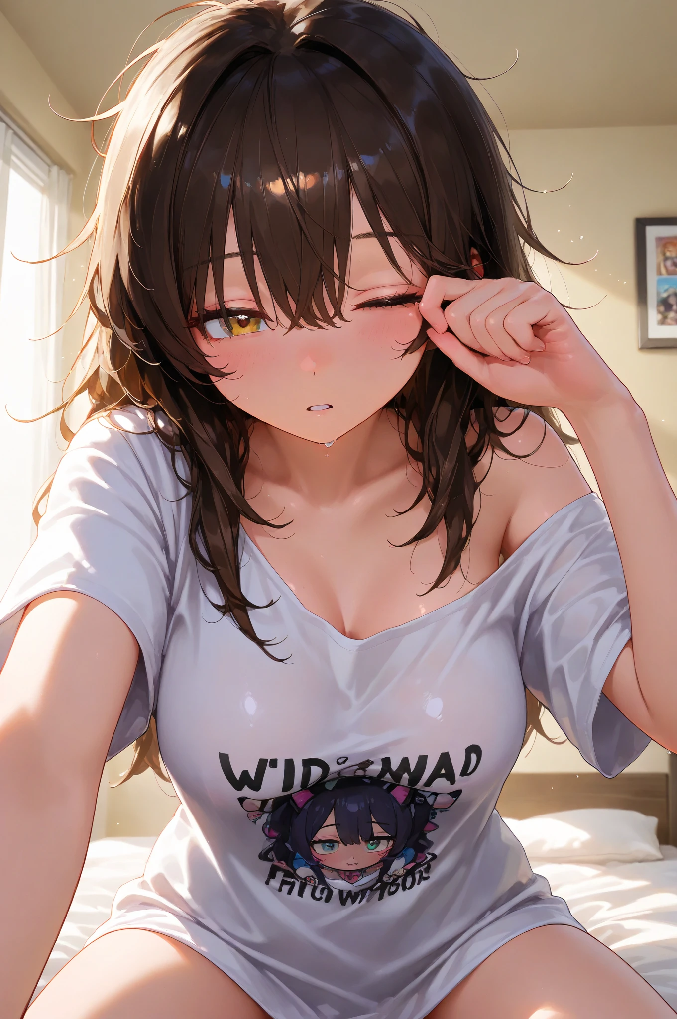 SoraBase, long hair, star hair ornament, hair ribbon, blue eyes, blue vest, sleeveless shirt, red ribbon, ,(masterpiece),(best quality),(ultra-detailed),(best illustration),(best shadow),(absurdres),(detailed face),(very aesthetic),1girl,dim lightning,in bedroom,orgasm,horny,looking at viewer,in heat,,heavy breath,shiny skin,sweat,,,aged up,, teary-eyed,,Pov cowgirl, leaning forward, arms forward,1boy,vaginal,from below,open vest,open shirt,black lace bra,