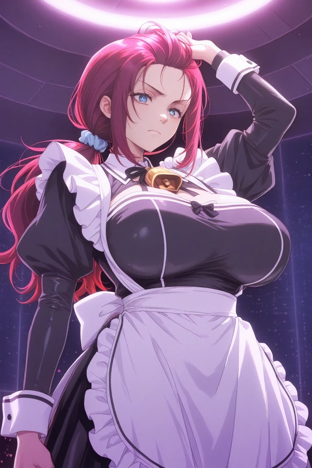 ASAMIKEI, red HAIR, PONYTAIL, LONG HAIR, SIDELOCKS, PURPLE EYES,, large breasts, live stage,  solo nipple 