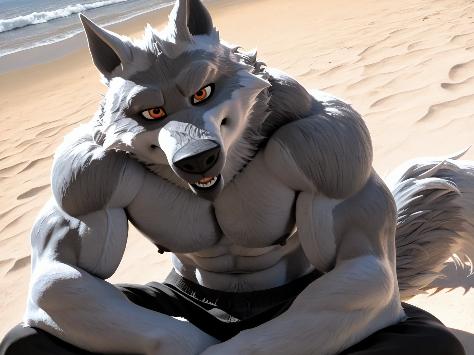 death wolf,werewolf,male,aldult,alone,4K,best quality,whole body,looking at the audience,lie down,lying down,躺在beach上,hairy body,furry tail,Upper body exposed,bare chest,White hair,Hairy chest ,chest muscles,pink nipples, Six-pack abs, biceps, anatomically correct,Delicate fur,pride,soft shadow,majestic,Detailed face,High quality eyes,red eyes,eyes shining,Sharp eyes,Grandiose,brave,shorts,Confident smile,Strong,mature,Ocean邊,beach,Ocean,Blue sky and white clouds,