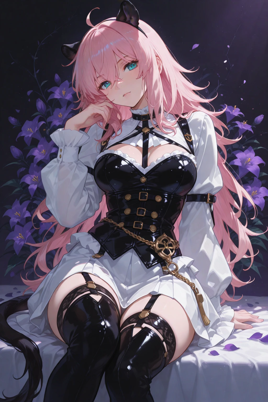 score_9,score_8,score_7,score_8_up,score_7_up、(Best Quality to the Best), (8k), (High Resolution Illustration), Alone, White Straitjacket, Black Tie, Rabbit Ears, Rabbit Tail, Fishnet Tights, Crotch Cutout, Crotch Opening, Without Pants, Bare Arms, Hand and Arm Cuffs, Neckbow Ties, Without Shoulder Straps, Chopping