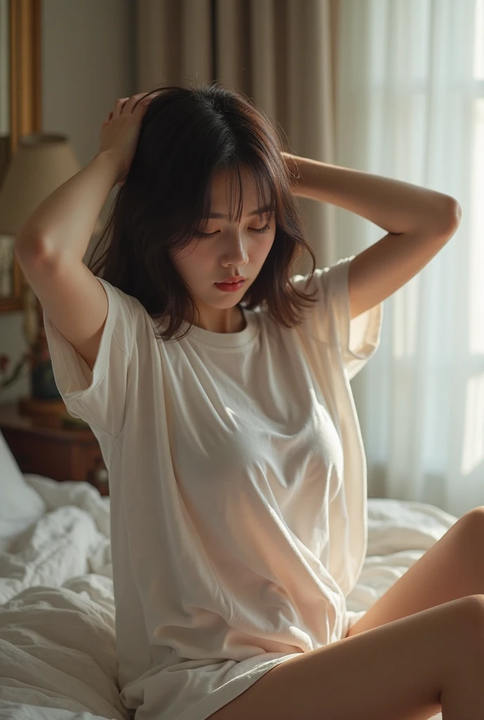 masterpiece, highest quality, ultra detailed, realistic, cute korean girl, round glasses, black hair, shag haircut, bangs, small frame, large breasts, oversized t shirt, baggy shirt, panties exposed, night time, living room background
