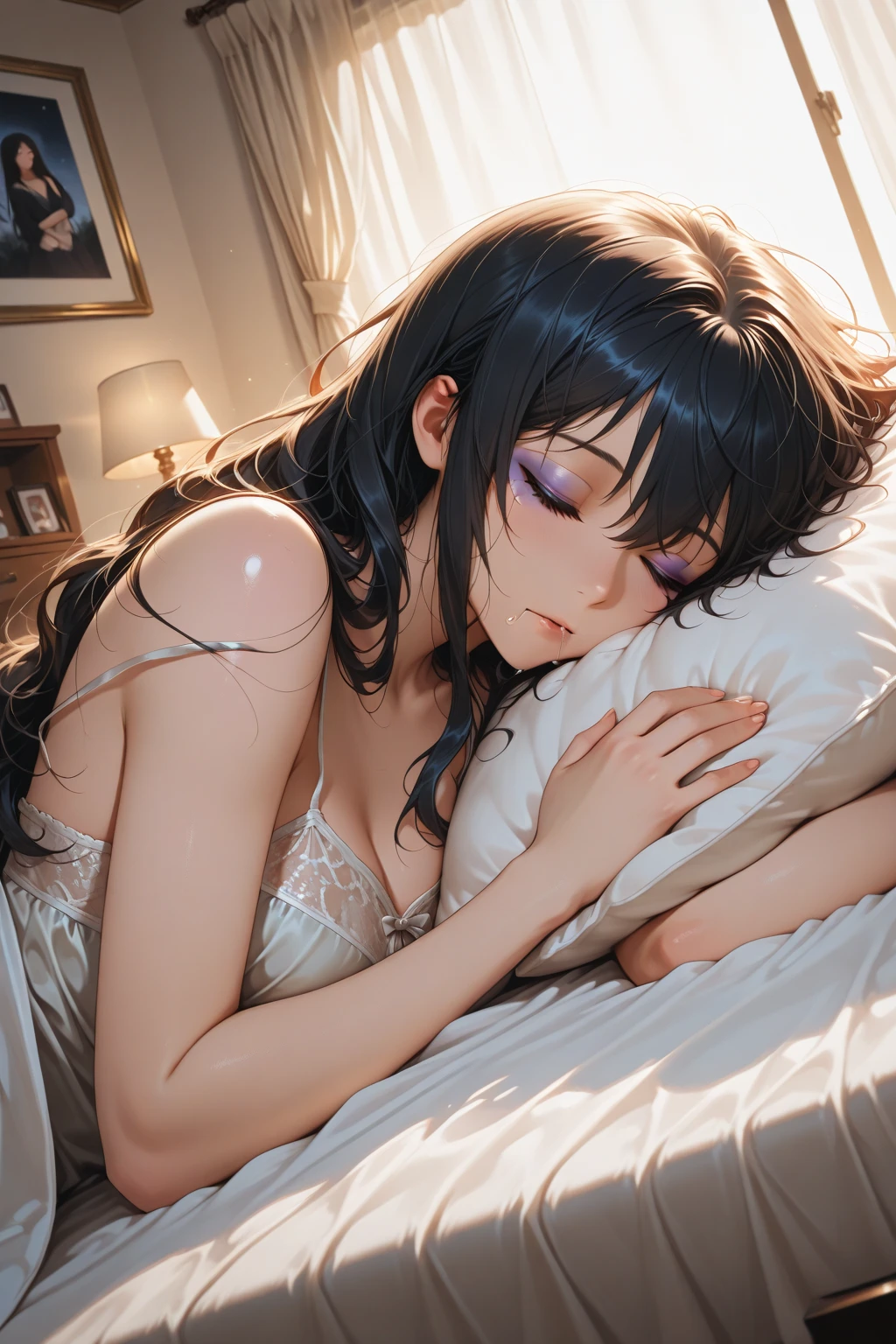 (Best Quality,High resolution,8K,finelity detailed background,Masterpiece:1.2),beautiful girl,Shiny purple hair,messy hair,Purple Eyes,Gentle look,A refreshing look,Best quality,Best Quality,Aesthetic and aesthetic:1.2,Best details((Super detailed))(High-definition CG illustrations),Pink underwear (pink,intricate lace),Slender body,Late Night,Moonlit Night,Bedroom,On the bed,smile,blush,cute,Scrounge,Looking up,Being spoiled,super model,wariza,shoot from above
