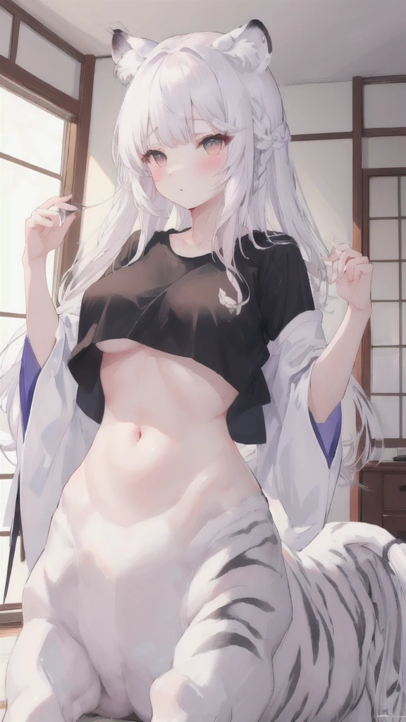 (best quality, masterpiece), 1 girl, centaur, It takes,White skin, Japanese , belly button t-shirt, 아름다운 소녀 perfect white tiger photo, perfect white tiger photo