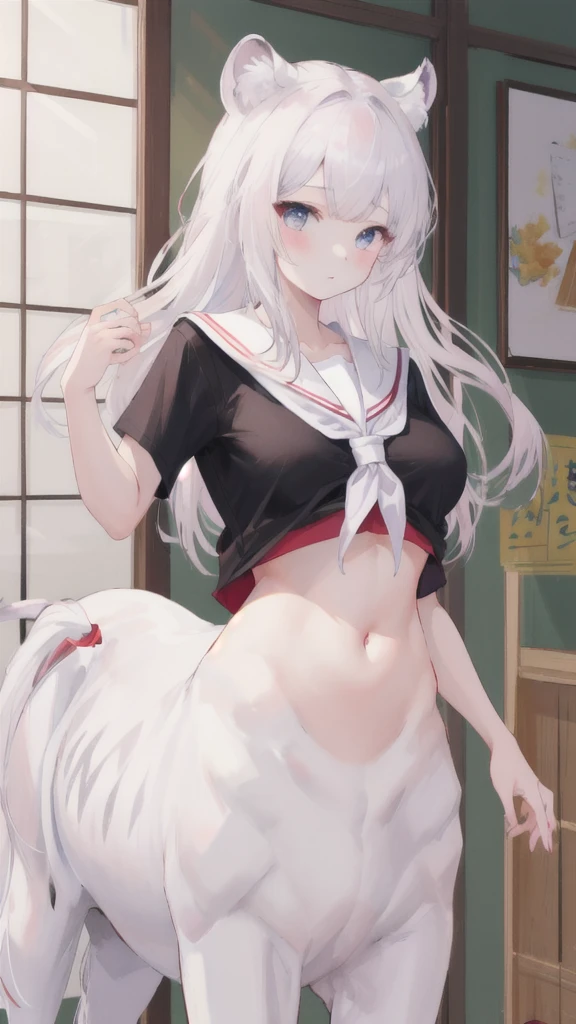 (best quality, masterpiece), 1 girl, centaur, I beg, White skin, Japanese schoolgirl,daughter,black pink, exposing the abdomen, belly button t-shirt , beautiful girl perfect, White tiger photo, 완벽한 White tiger photo