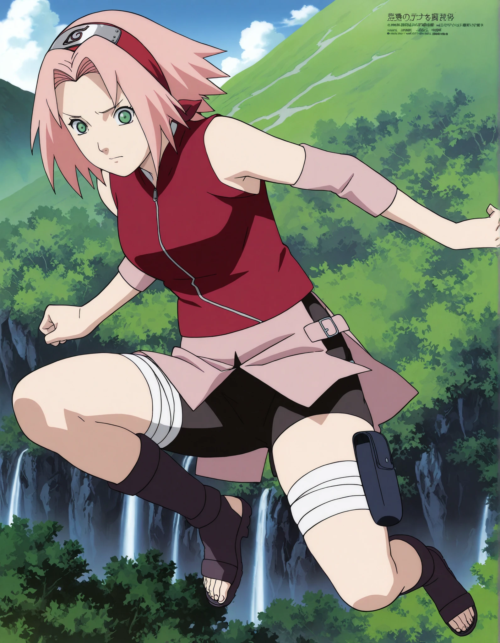 1girl,haruno sakura Ninja Jumping ,full body , BREAK pink hair, short hair, red hairband, green eyes, parted bangs, BREAK red sleeveless minidress, zipper, pink miniskirt, bandaged thigh, BREAK medium breasts, beautiful body, beautiful legs , masterpiece,best quality,amazing quality,professional quality ,very aesthetic ,newest,scenery, ultra detailed ,highly detailed ,intricate , absurdres , high resolution , 4K , 8K , unity 8k wallpaper , crisp quality , sharp focus , rich contrast , rating_explicit , official art, official style,source_anime,anime screencap,anime coloring,megami magazine,anime,animated ,1girl, standing at konoha village, full body,