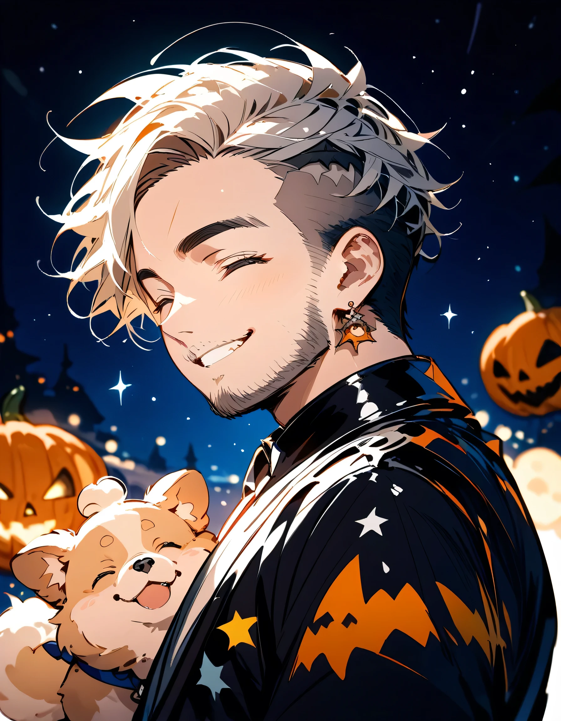 (sideview),looking at viewer:1.3,((((with small dog of Pomeranian)))),man,40years old,(The face of an old man with dignity),man's eyes,man's nose,man's mouth,closed eyes smile,(short spiked hair),forehead,sidecut,undercut,beard,night starry sky, halloween costume,night halloween party,(Complete Anatomy:1.3),(manga style),(sketch),(illustration),best quality,