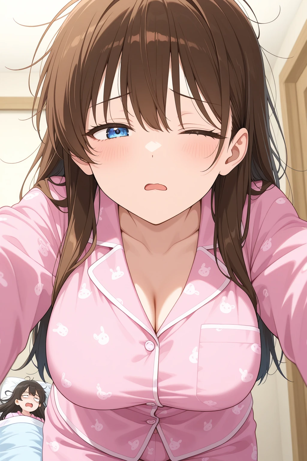 detailed illustration, dynamic angle, ultra-detailed, illustration, 1girl, 18 year old, school girl, wavy brown hair, long hair, bright brown eyes, hearts, white shirt, blue plaid skirt, cleavage, flush, blush, arousal, wide eyes, drunk, very drunk, laying on stomach, laying on bed, up close, bedroom, sad, worried, pleading, red faced, flushed, blushing, drooling, dizzy